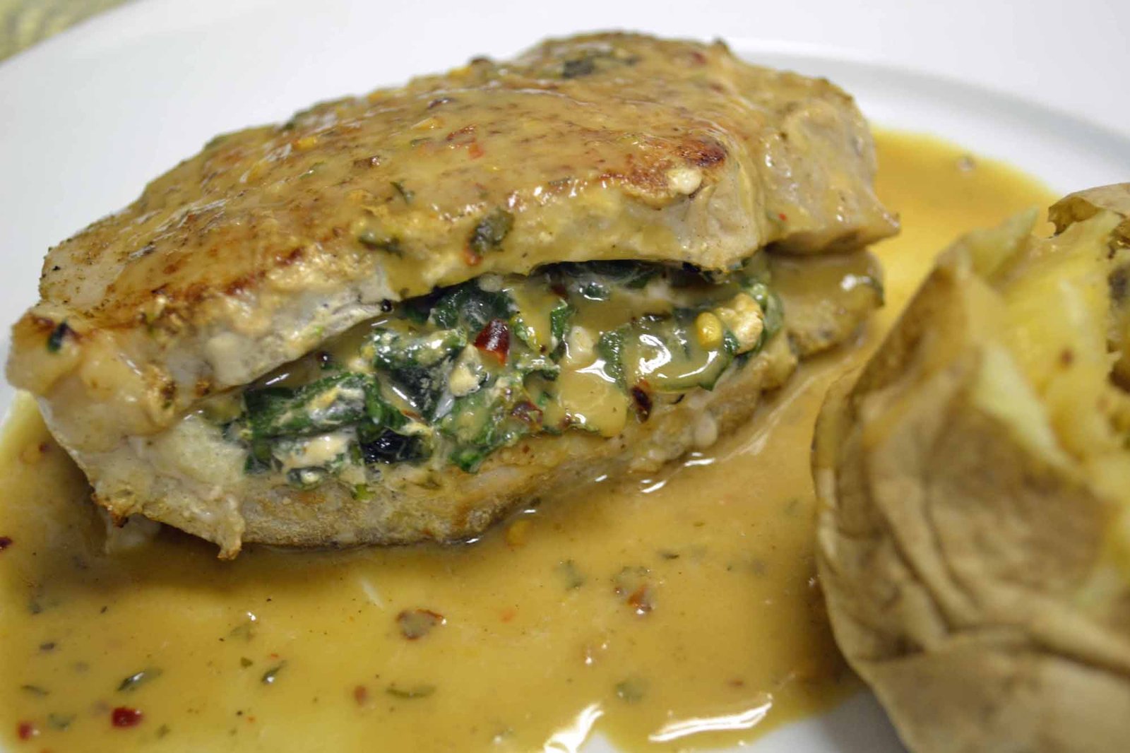 Skinny Creamed Spinach Stuffed Pork Chops