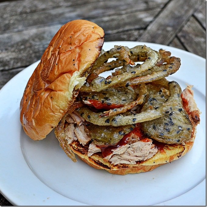 Pulled Pork Sandwiches with Black Sesame Onion Rings