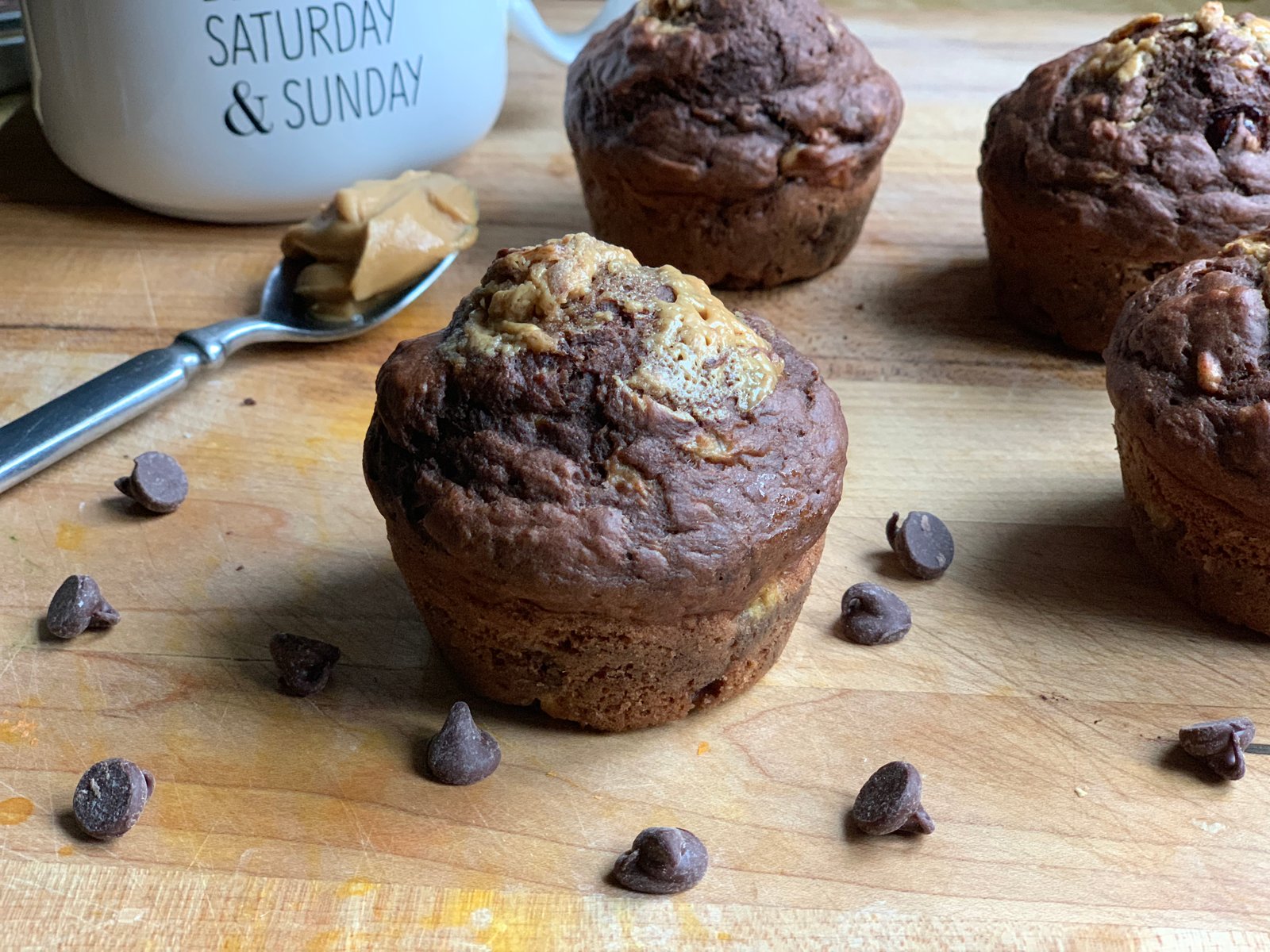 Chocolate Banana Peanut Butter Swirl Muffins