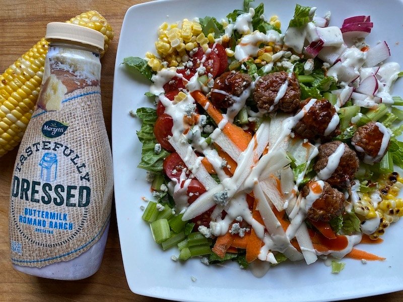 Buffalo Beef Burger Salad with Marzetti® Tastefully Dressed™ Buttermilk Romano Ranch Dressing 