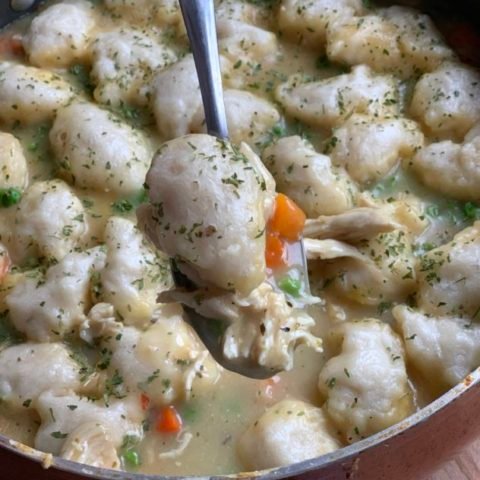 this is a photo of chicken and dumplings in a skillet