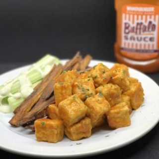 this is a plate with buffalo tofu bites