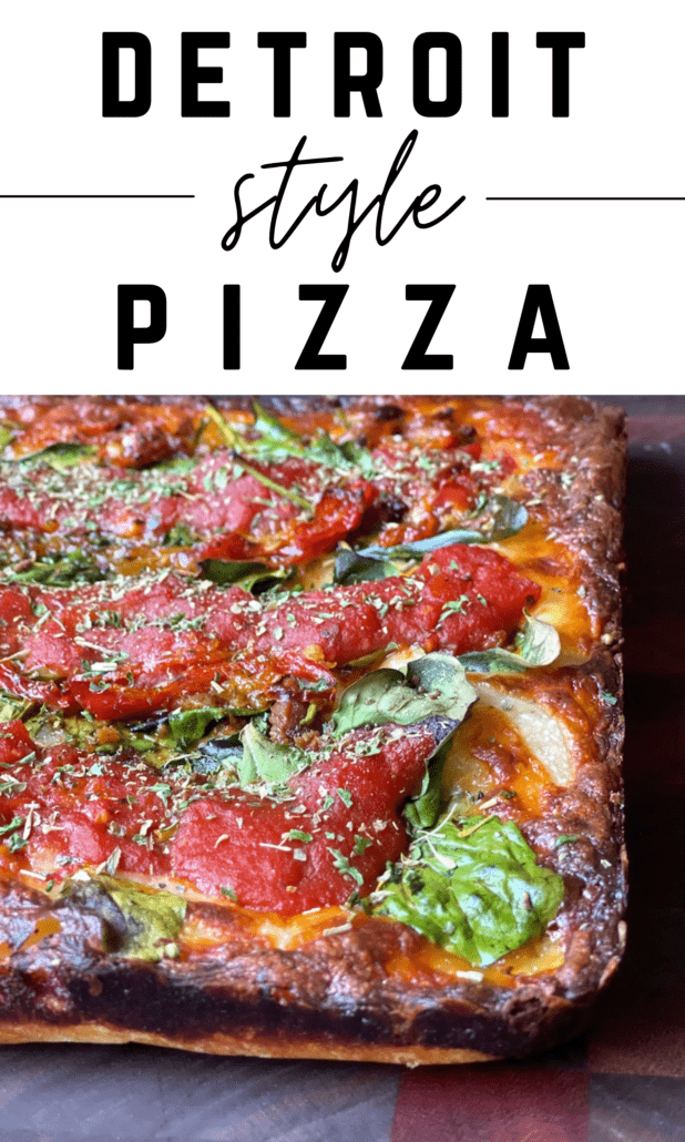 Skinny pizza dough turns into this delicious Detroit Style Pizza! While a bit more points, it's totally worth it. Just look at that crispy corner bite! It's 6 points for 1/4 of the pizza on all WW plans. #pizza #detroitstyle #pizzanight #pizzarecipe #weightwatchers #vegetarian