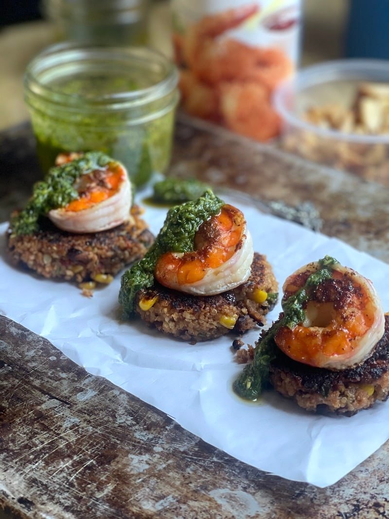 Black Bean and Quinoa Cakes with Shrimp and Spinach Chimichurri