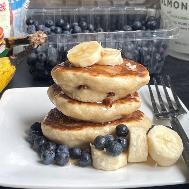 this is a photo of banana bacon pancakes