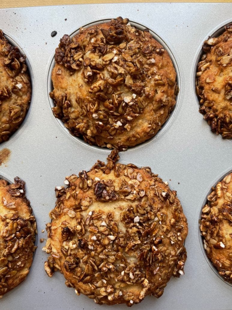 This is a photo of Jumbo Banana Ginger Muffins coming out of the oven