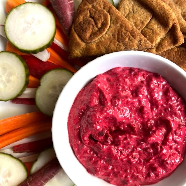 this is beet hummus on a picky plate