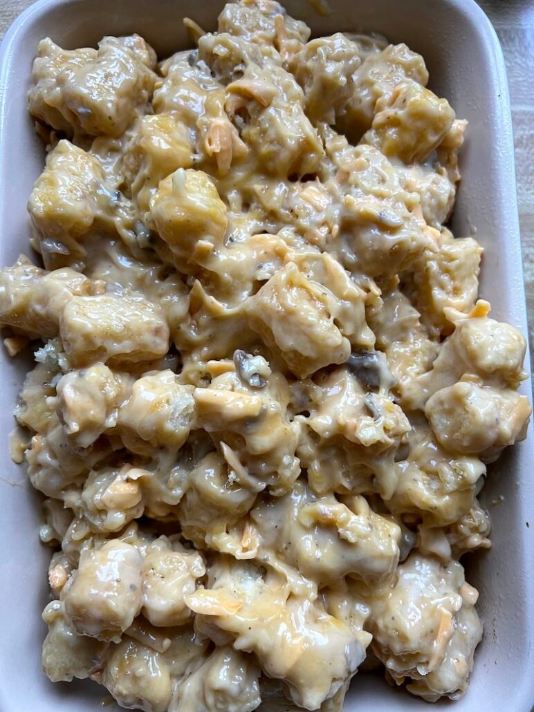 this is tater tot casserole ready for the oven