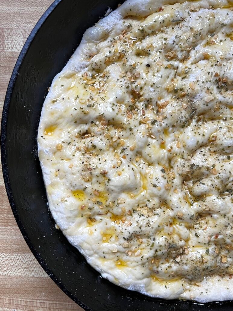 this is a photo of the focaccia bread ready for the oven