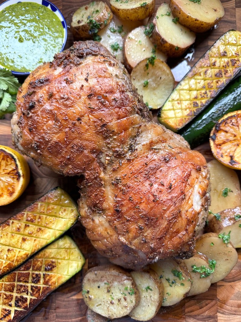 Roasted Boneless Leg of Lamb with Lemon Herbed Classic Idaho® Russet Potatoes with Zucchini