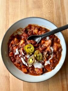 this is a bowl of black bean and sweet potato chili