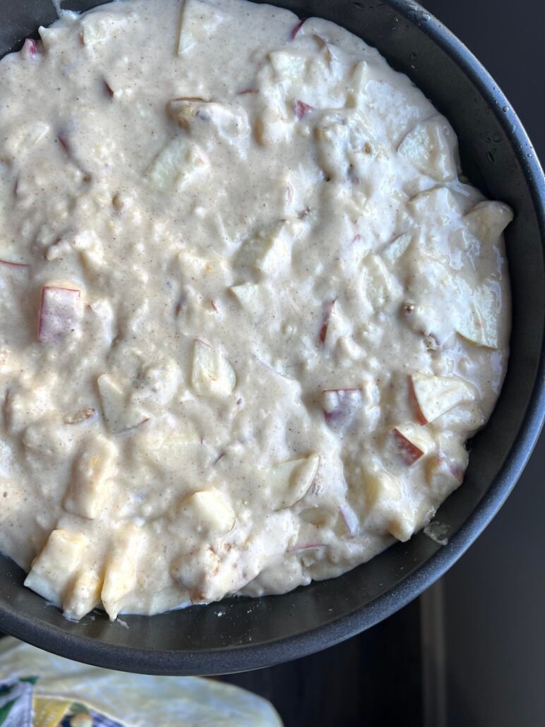 apple walnut cake ready for oven