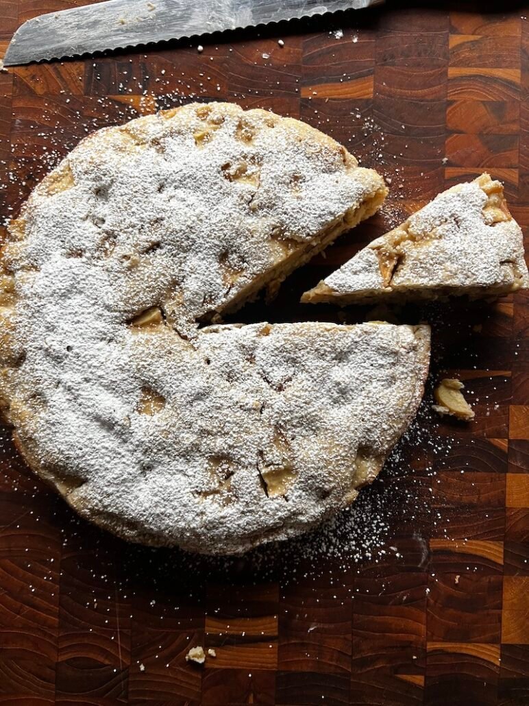 this is an apple walnut cake with fuji apples