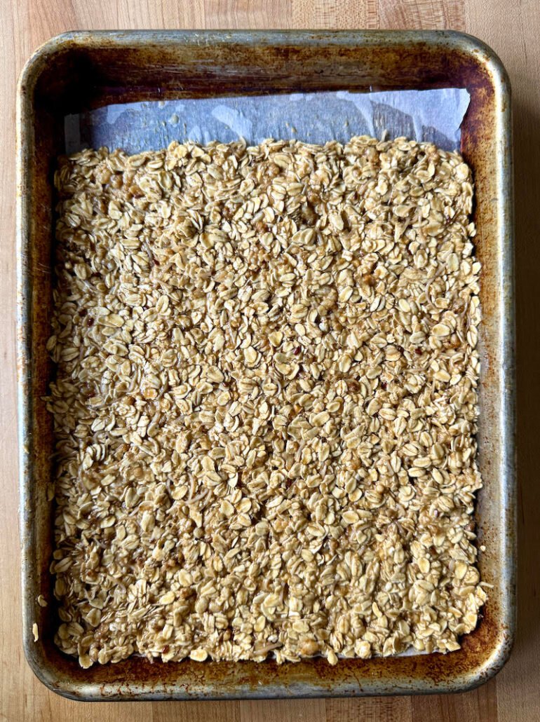 this is granola pressed into a pan for baking and a great recipe if you are on Weight Watchers