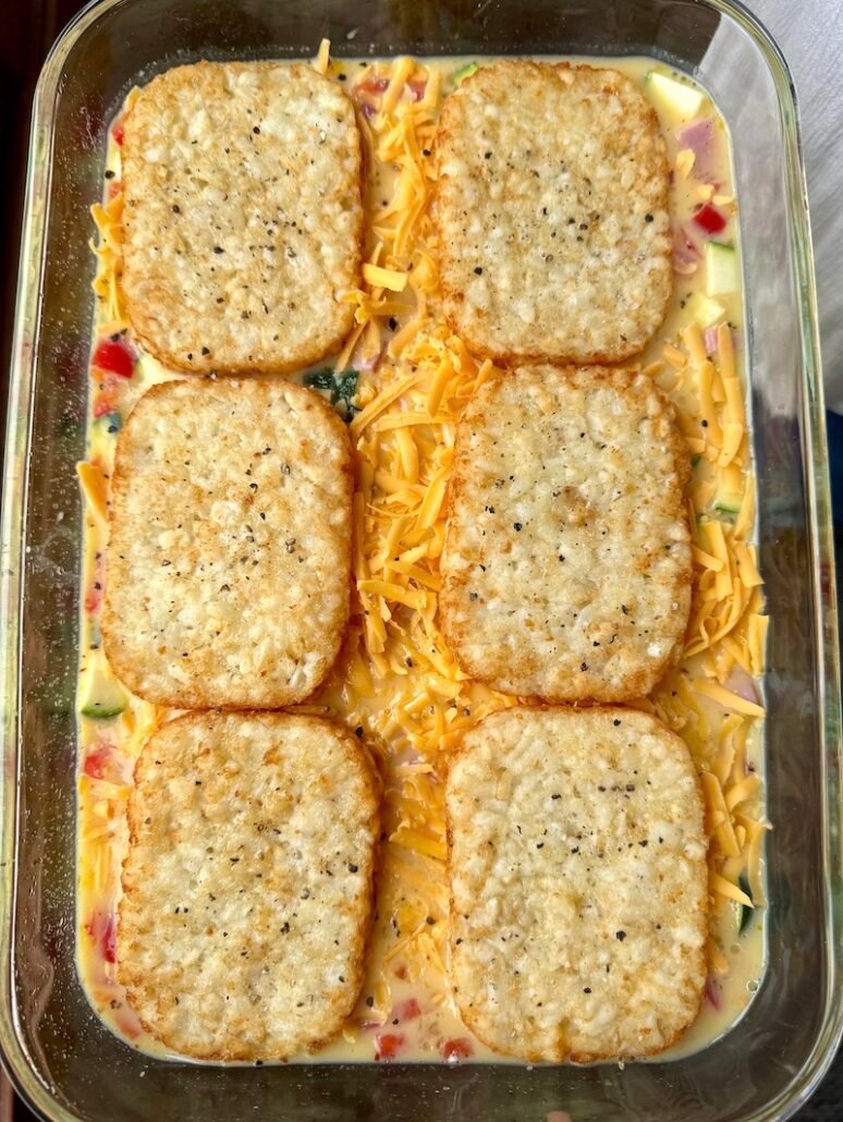 hash brown casserole ready to be baked