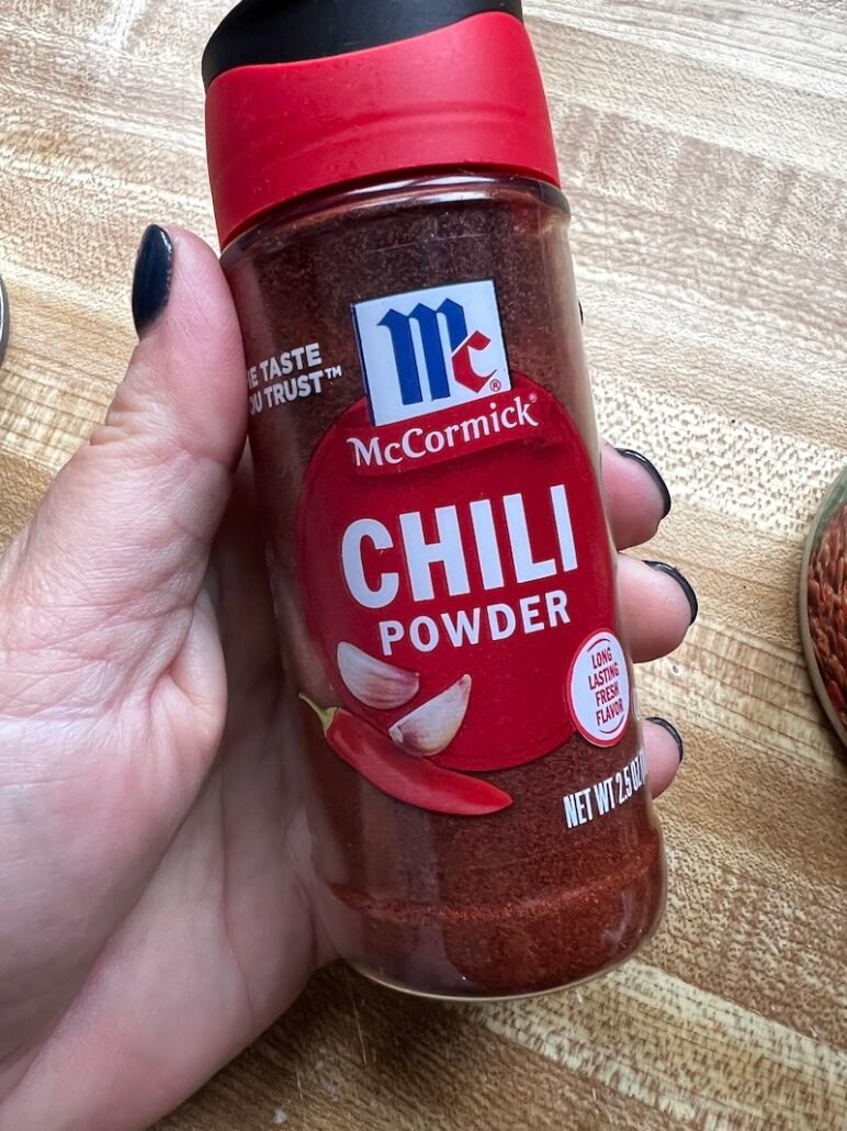 this is a jar of chili powder for Weight Watchers quick chili recipe