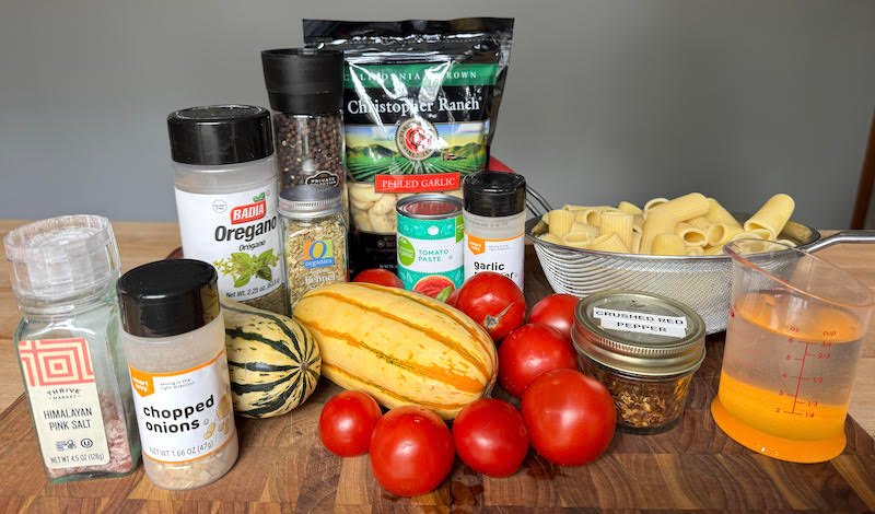 these are ingredients needed to make Weight Watchers friendly delicata squash pasta sauce
