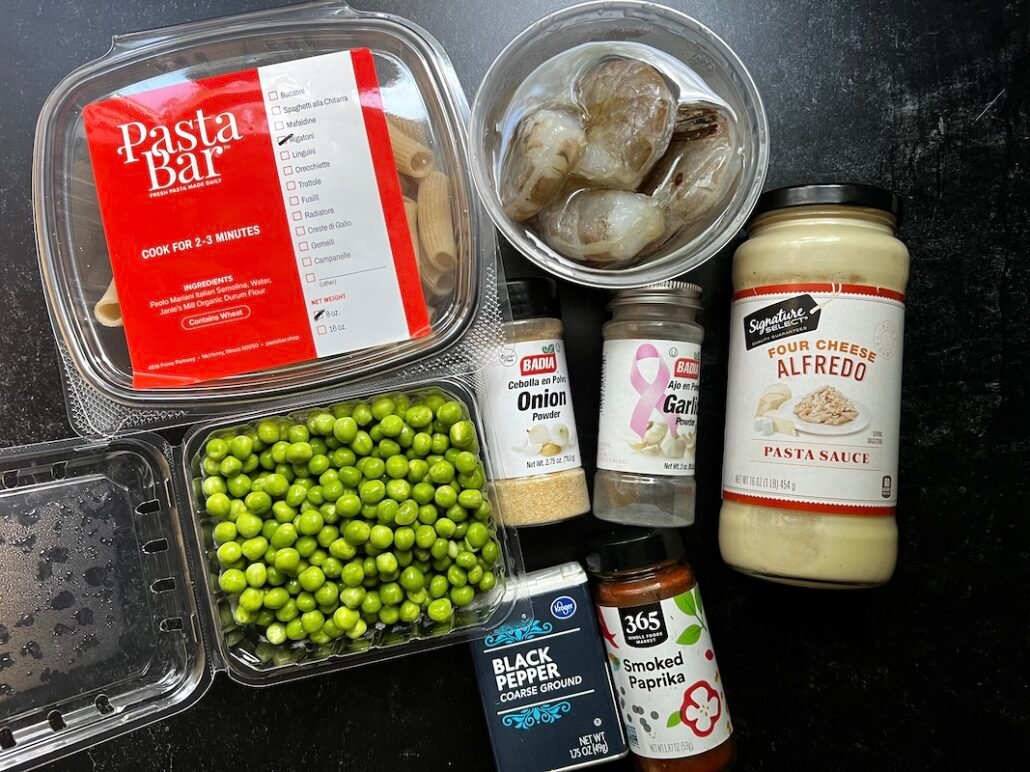 these are the ingredients needed for creamy shrimp pasta that's only 8 Weight Watchers points