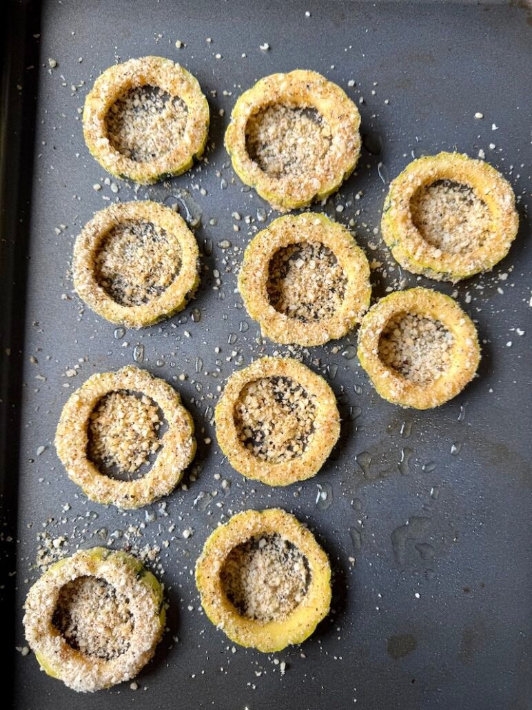 weight watchers friendly delicata squash rings ready to be baked