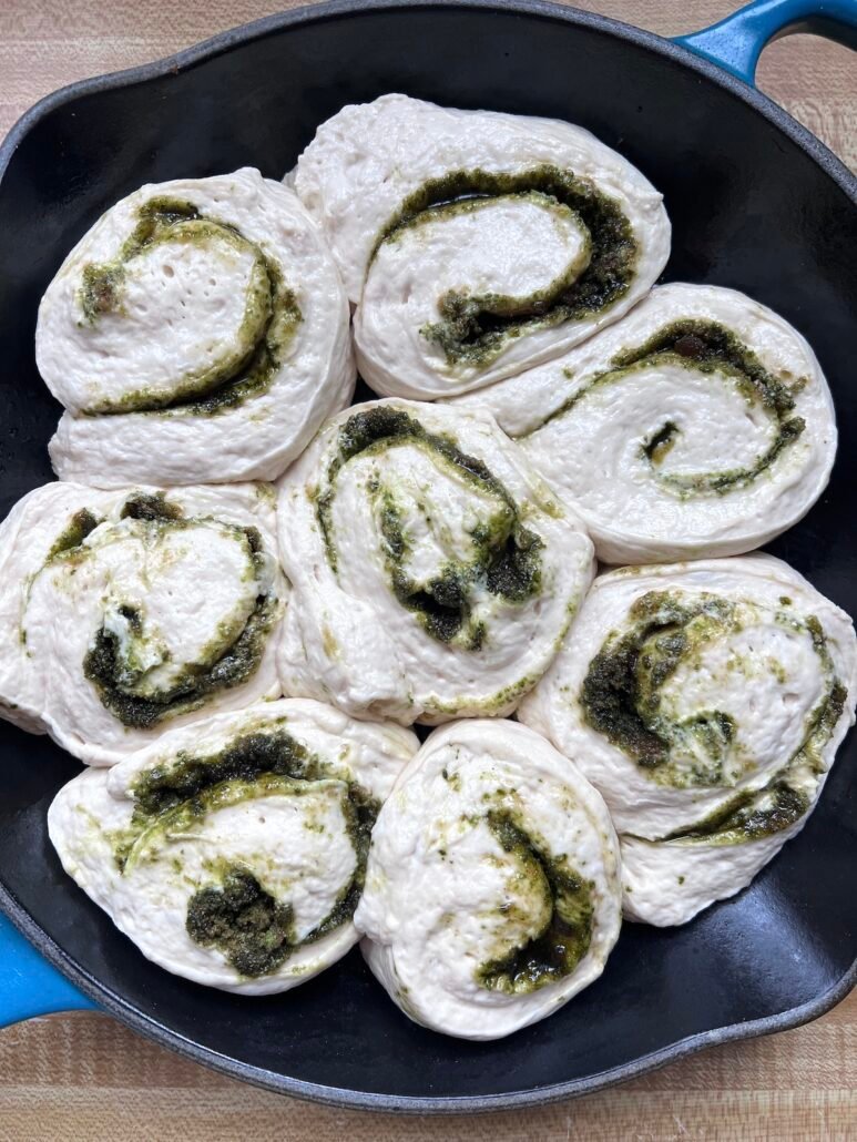 these are sourdough matcha cinnamon rolls after they have risen a second time